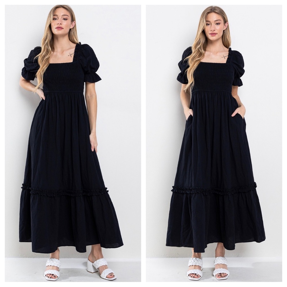 Boho Beautiful Linen Solid Smoking Detail Long Dress - Picture 2 of 5